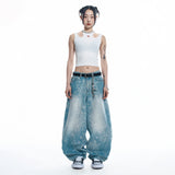 Sun Patch Leopard Balloon Denim Pants - LIGHT BLUE