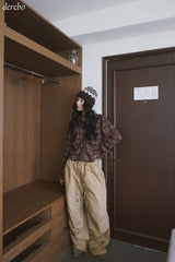 wool cotton shirring checkered long-sleeved shirt