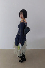 バレットオフショルダーアンバランスミニドレス (NAVY)
