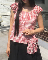 Lupu Checkered Cap Sleeves Shirring Blouse