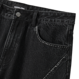 Grain Curved Seam Washed Denim Pants - BLACK