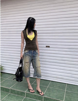 Midi Capri Half-Length Vintage Denim Pants