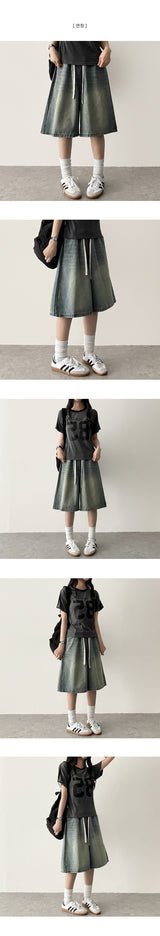 New Ring waistband vintage washed denim Bermuda shorts