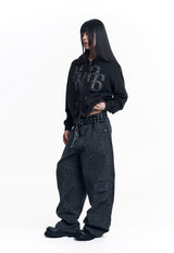 Washed Leather Patch Hooded Zip-Up - Black