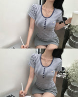 [MADE] Wow, ストライプUネック半袖Tシャツ