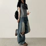 Andy Knee Damage Cutting Deep Washed Denim Wide Pants