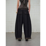 Ethnic Pattern Curved Washed Denim Pants