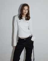 Pocket Henley Neck Ribbed Long Sleeve White