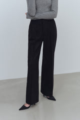 PINTUCK WIDE WOOL SLACKS PANTS - BLACK