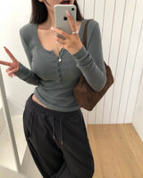 [ORIGINAL] Clock Ribbed Henley Neck Long-Sleeve T-Shirt