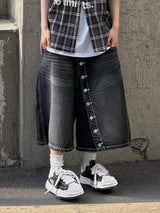 wrap button half denim pants