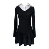  V-neck shirt cancan ribbed long sleeve dress (2 colors)