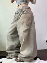 BEIGE KNEE PINTUCK PARACHUTE WIDE DENIM PANTS 🪐🧸🤎🩶