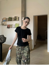 Color Back Strap Round Short Sleeve T-shirt