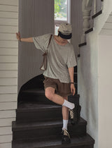 ボニーリネンストライプUネック半袖Tシャツ