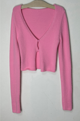ANGORA TERRY CLOTH TWO-BUTTON LONG-SLEEVE CROPPED VIVID CARDIGAN KNIT - 2 COLOR