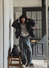 Crystal lettering washed denim pants