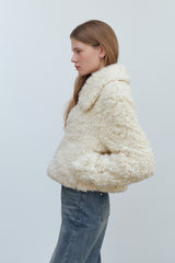 HOOK CLOSING UNBALANCE COLLAR FUR SHORT JACKET - IVORY