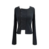 Snap Button Unbuttoned Round Dekki Long Sleeve T (3 Colors)