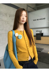 Flower Broach Yellow Round Cardigan