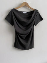 ロミー スリムフィット ドレープ シャーリング ワンショルダー 半袖Tシャツブラウス 4カラー