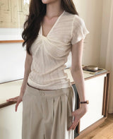[ daily workwear ]　シャーリングベーシックリネンドレープトップ