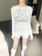  Heart printing shoulder cut-out T (2color)