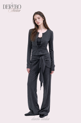 ロイヤル チャコール フリル トレーニング スリーピース セットアップ (Cardigan+Sleeveless+Pants)