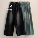 Flex waist string two-pin tuck snap wide denim pants
