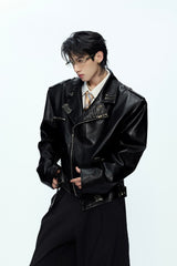 Pin Detail Geisha Print Leather Jacket