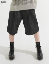 Pintuck Wide Raw Denim Bermuda Pants