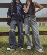 [U-DENIM] Summer ripped jeans wide denim pants