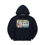 Sound wave artwork damage washing hoodie zip-up (Navy)