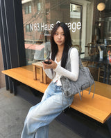 Pink lace denim pants