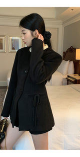 Black round wool no collar jacket