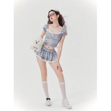 [GirlyFancyClub] Music Festival Outfit Plaid Short Top and Skirt Two-Piece Set Girl Group Style Sweet and Spicy Set