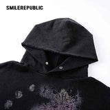 Washed Black Cotton Blend Floral Graphic Oversized Pullover Hoodie with Kangaroo Pocket