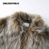 Women's Acrylic Blend Faux Fur Cropped Zip Jacket with Embroidered Back Logo, Casual Winter Outerwear
