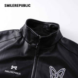 Black Navy and White PU Coated Faux Leather Color Block Butterfly Graphic Stand Collar Zip Jacket