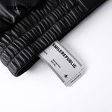 Black Navy and White PU Coated Faux Leather Color Block Butterfly Graphic Stand Collar Zip Jacket