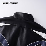Black Navy and White PU Coated Faux Leather Color Block Butterfly Graphic Stand Collar Zip Jacket