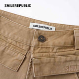 Khaki 100% Cotton Double Waistband Barrel Leg Casual Pants with Logo Detail
