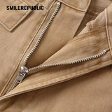 Khaki 100% Cotton Double Waistband Barrel Leg Casual Pants with Logo Detail