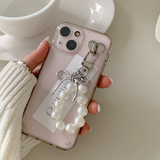 [handmade] silver ribbon pearl keyring (white)