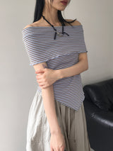 Seby Stripe Diagonal Off-Shoulder T-Shirt
