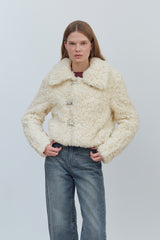 HOOK CLOSING UNBALANCE COLLAR FUR SHORT JACKET - IVORY
