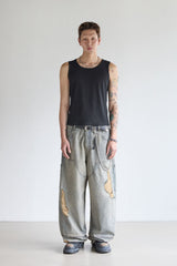 DOUBLE-KNEE CRACK-WASHED DENIM PANTS
