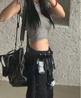Stripe Backless Ribbon Crop Short Sleeve T-Shirt