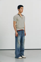 Stripe slim henley neck half t-shirts(Ivory)