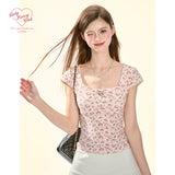 [GirlyFancyClub]U Vネック スリムフィット レオパードプリント ショートスリーブ Tシャツ